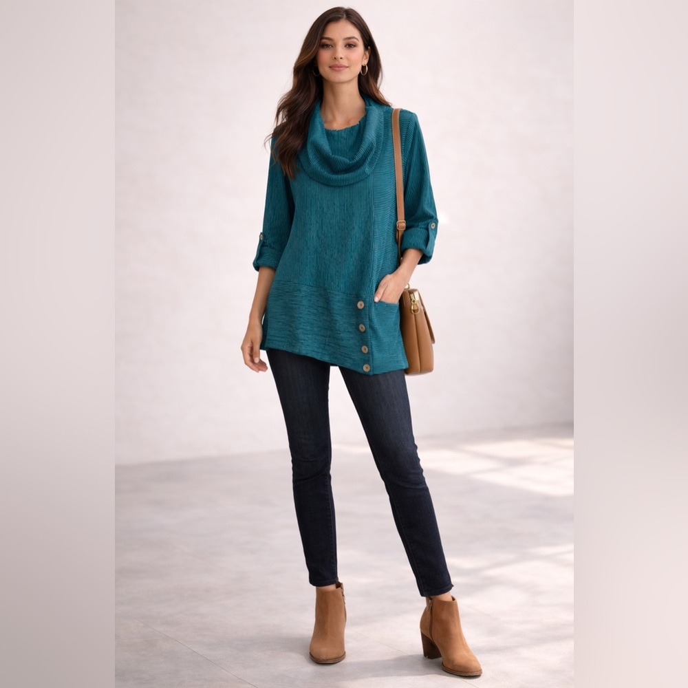 Soft Surroundings Women’s Teal PXS Tunic Top Cowl Neck Roll Tab Sleeves